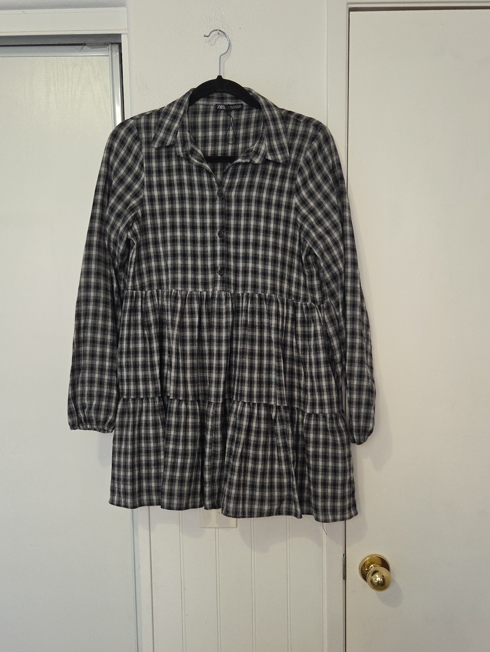 Zara Black and Gray Plaid Tiered Midi Dress